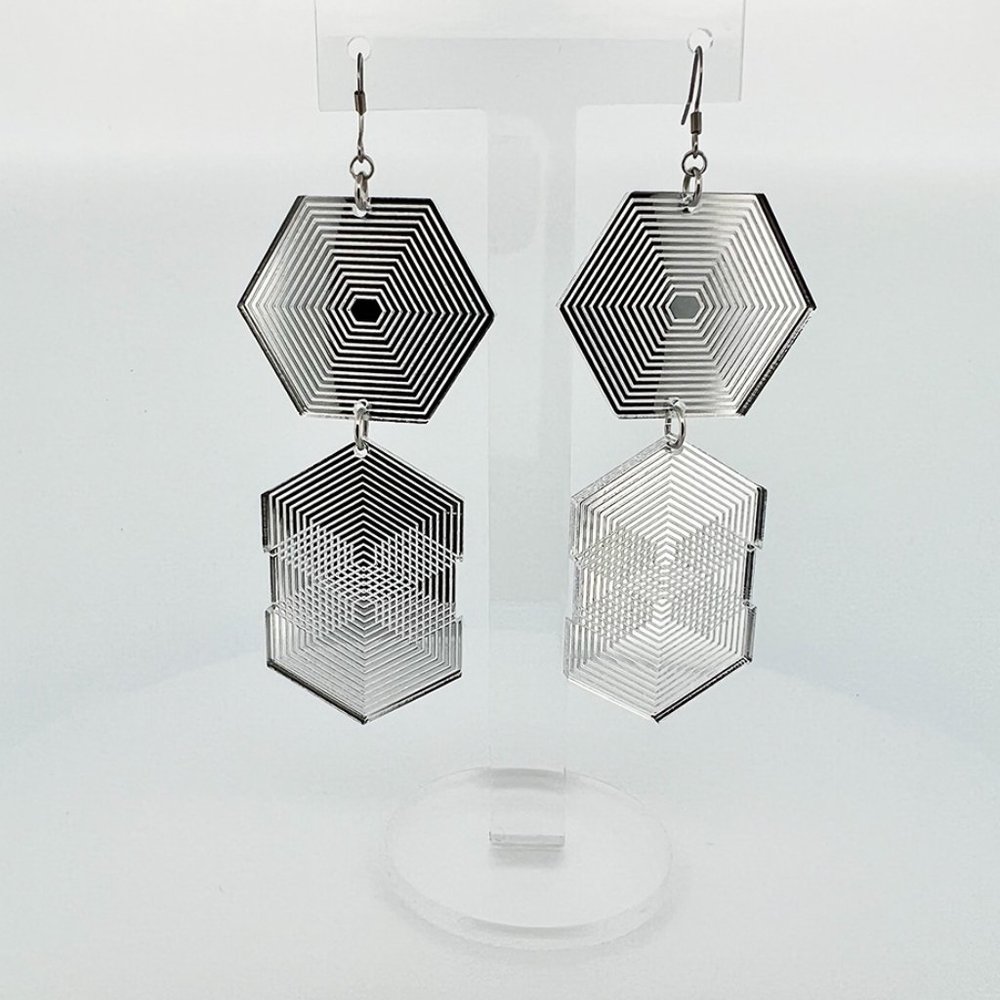 Silver Duet Acrylic Geometric long hanging earrings